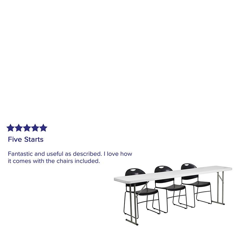 8-Foot Plastic Folding Training Table Set with 3 Black Plastic Stack Chairs. Picture 2