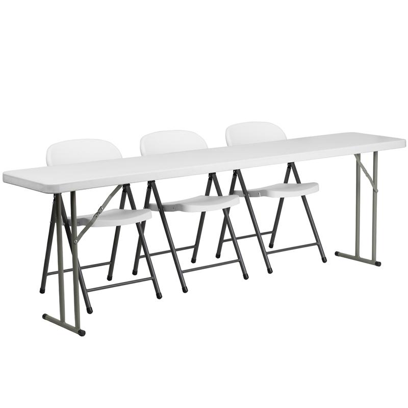 8-Foot Plastic Folding Training Table Set with 3 White Plastic Folding Chairs. Picture 1