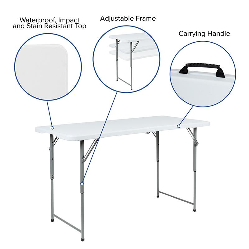 4-Foot Height Adjustable Bi-Fold Granite White Plastic Folding Table. Picture 4