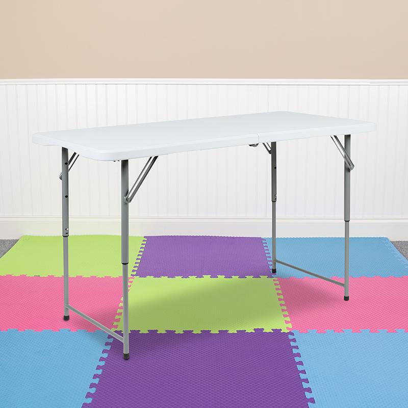 4-Foot Height Adjustable Bi-Fold Granite White Plastic Folding Table. Picture 1