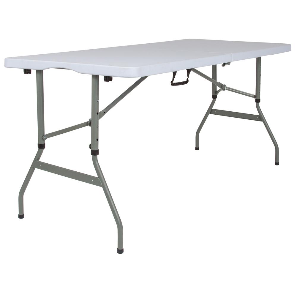 5-Foot Height Adjustable Bi-Fold Granite White Plastic Banquet and Event Folding Table with Carrying Handle. Picture 1