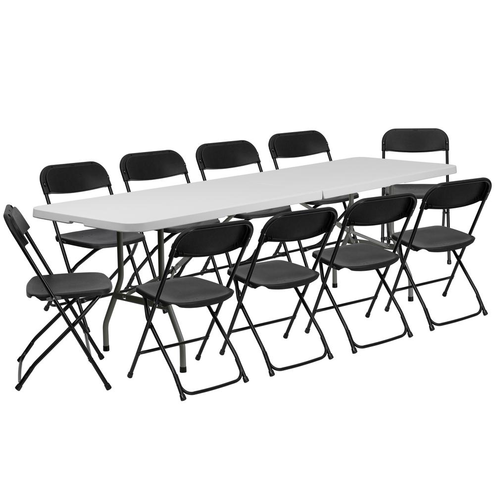 8' Bi-Fold Granite White Plastic Event/Training Folding Table Set with 10 Folding Chairs. Picture 1