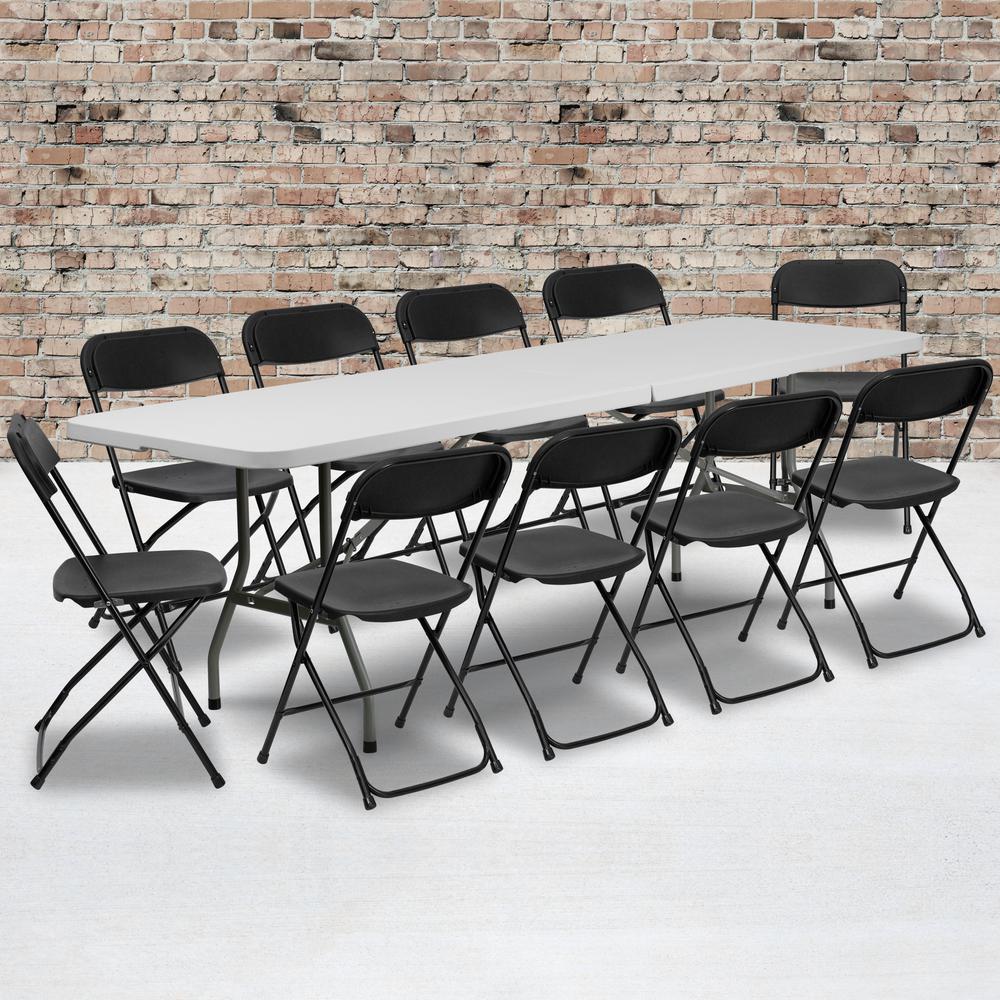 8' Bi-Fold Granite White Plastic Event/Training Folding Table Set with 10 Folding Chairs. Picture 5