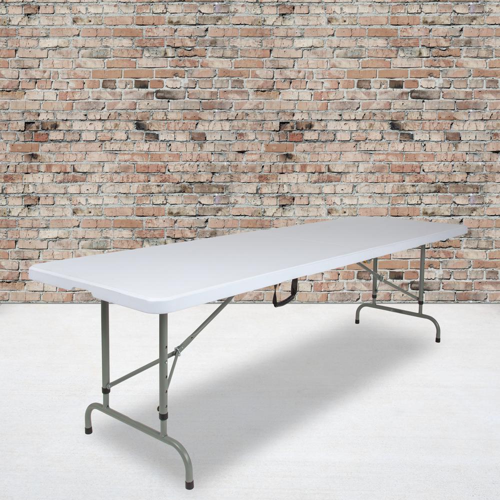 8-Foot Height Adjustable Bi-Fold Granite White Plastic Banquet and Event Folding Table with Carrying Handle. Picture 6
