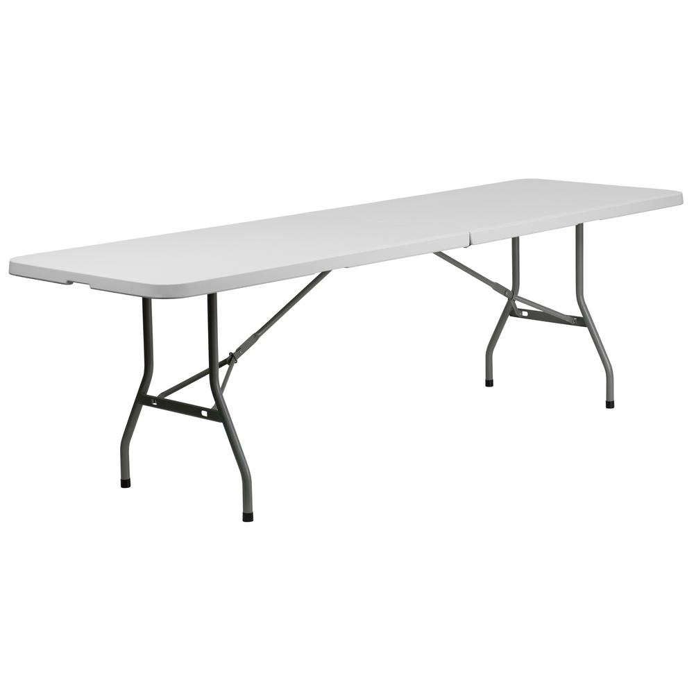 8-Foot Bi-Fold Granite White Plastic Banquet and Event Folding Table with Carrying Handle. Picture 1