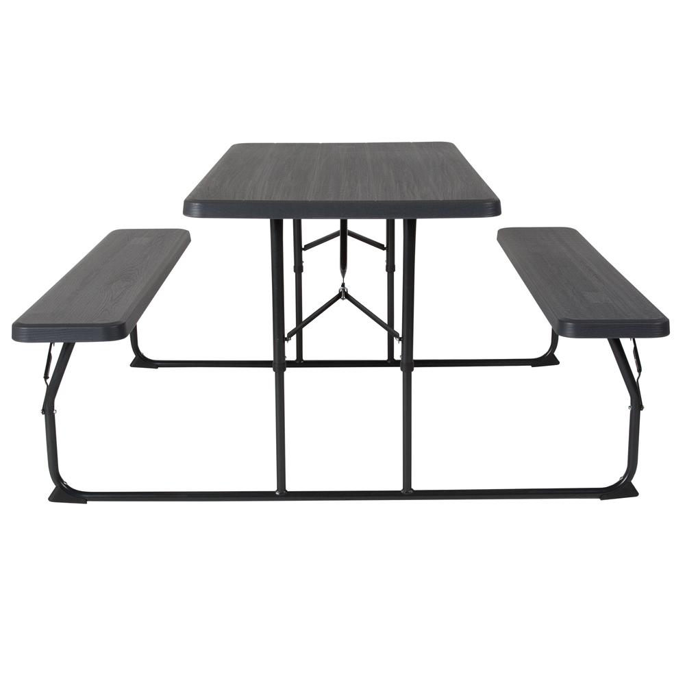 Charcoal Wood Grain Folding Picnic Table and Benches - 4.5 Foot Folding Table. Picture 2