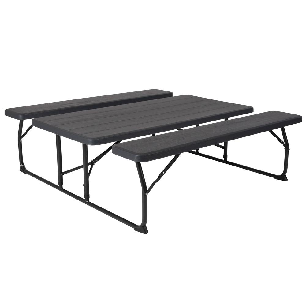 Charcoal Wood Grain Folding Picnic Table and Benches - 4.5 Foot Folding Table. Picture 4
