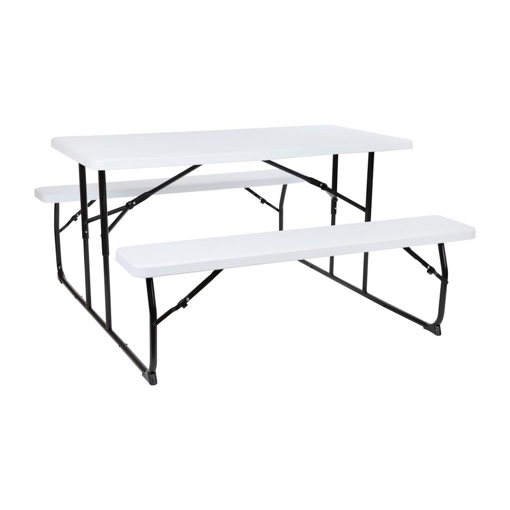 White Wood Grain Folding Picnic Table and Benches - 4.5 Foot Folding Table. Picture 1