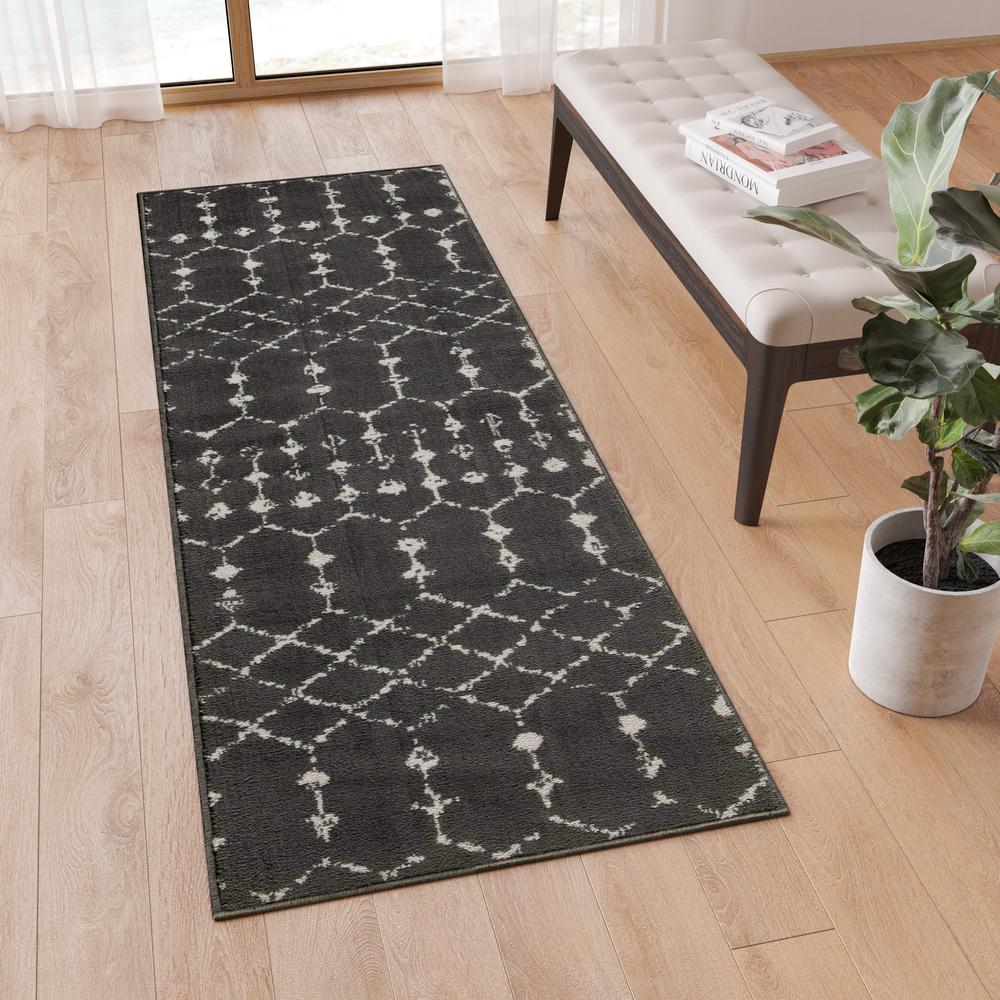 Geometric Bohemian Low Pile Rug - 2' x 6' - Dark Gray/Ivory Polyester. Picture 1