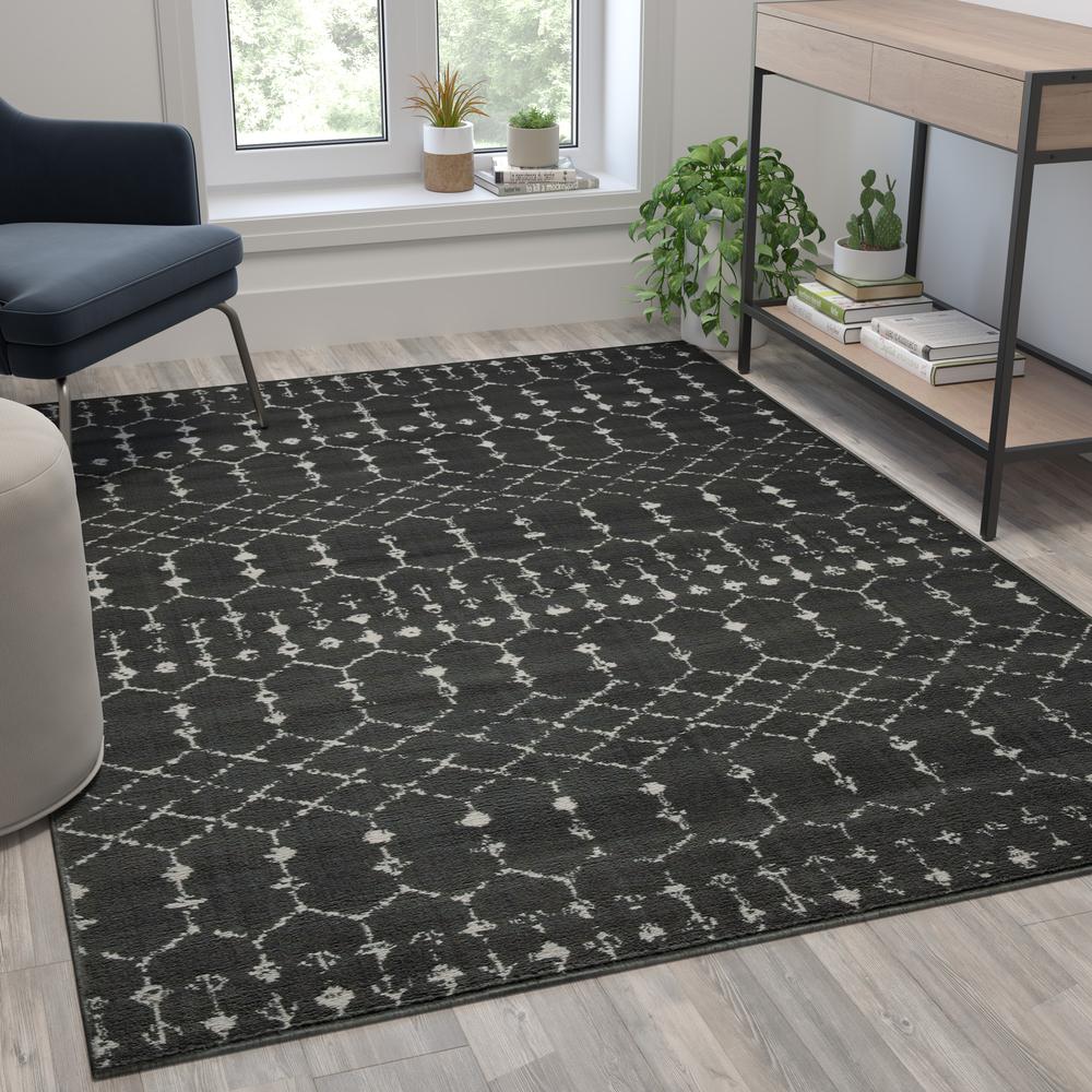 Geometric Bohemian Low Pile Rug - 5' x 7' - Dark Gray/Ivory Polyester. Picture 1