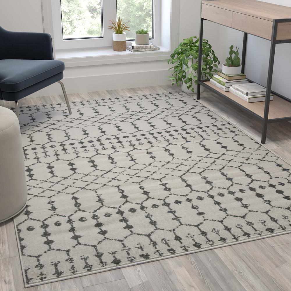 Geometric Bohemian Low Pile Rug - 5' x 7' -Ivory/Gray Polyester. The main picture.