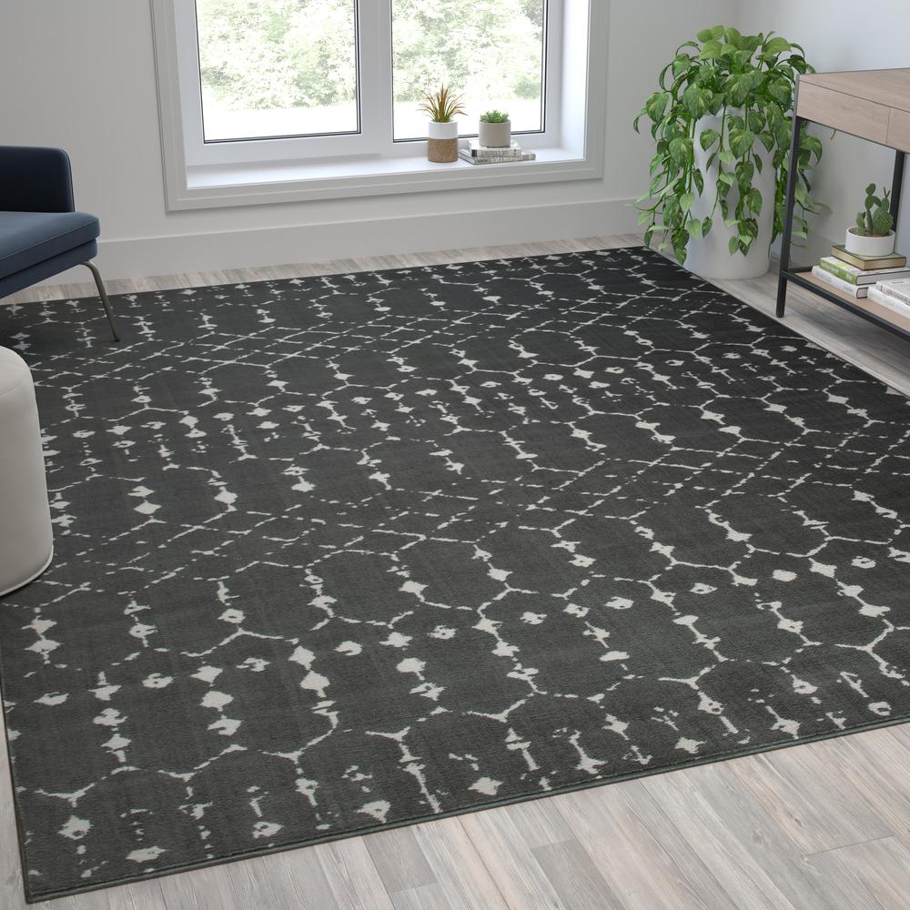 Geometric Bohemian Low Pile Rug - 8' x 10' - Dark Gray/Ivory Polyester. Picture 1