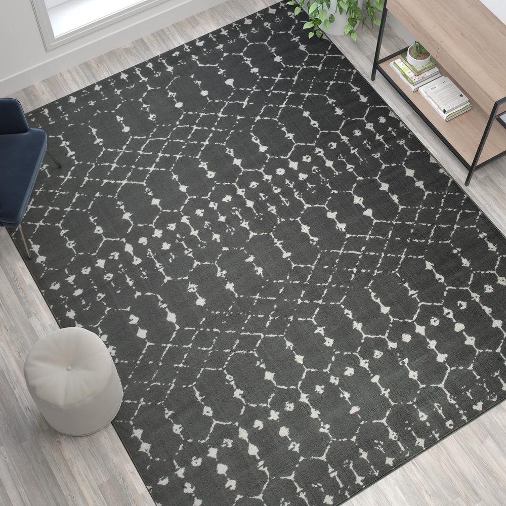 Geometric Bohemian Low Pile Rug - 8' x 10' - Dark Gray/Ivory Polyester. Picture 5