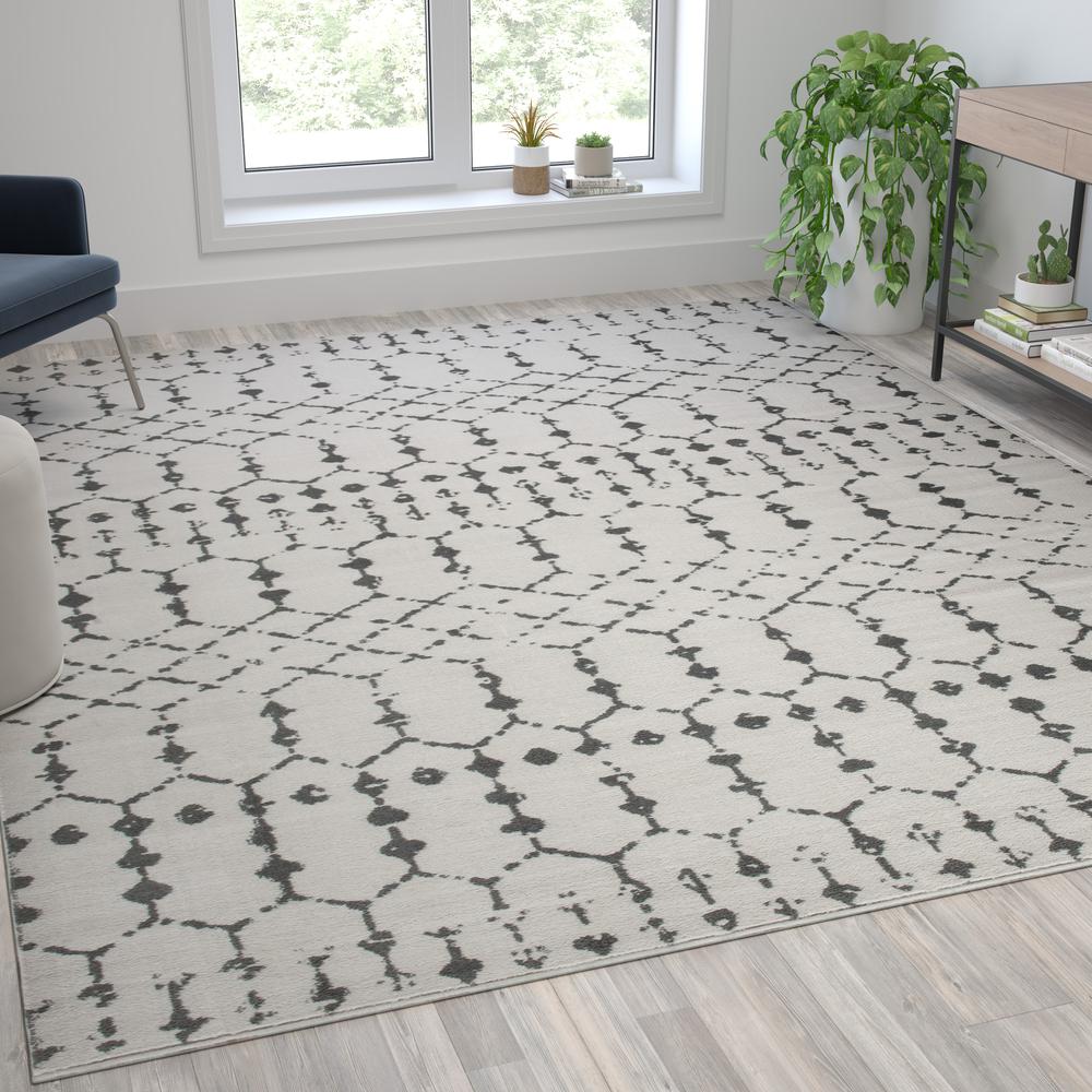 Geometric Bohemian Low Pile Rug - 8' x 10' - Ivory/Gray Polyester. Picture 1