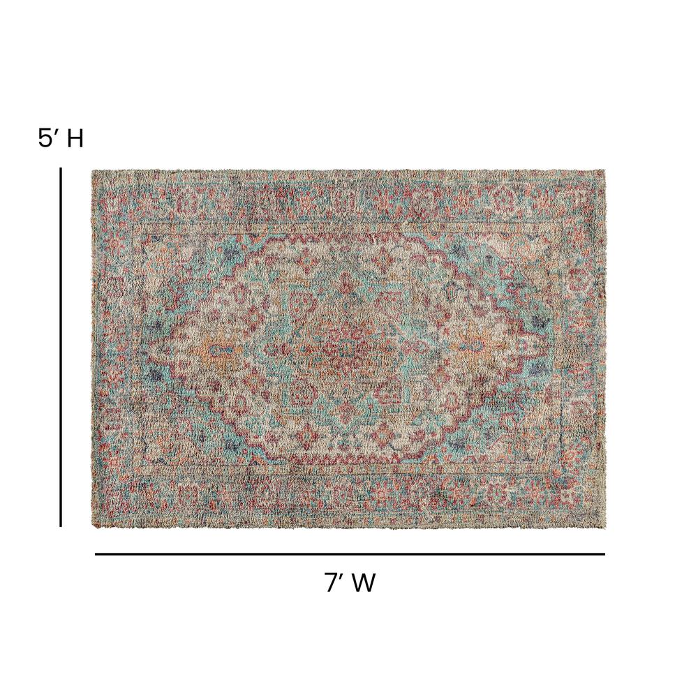 Distressed Vintage Medallion Area Rug - 5' x 7' - Blue Multi Polyester. Picture 4
