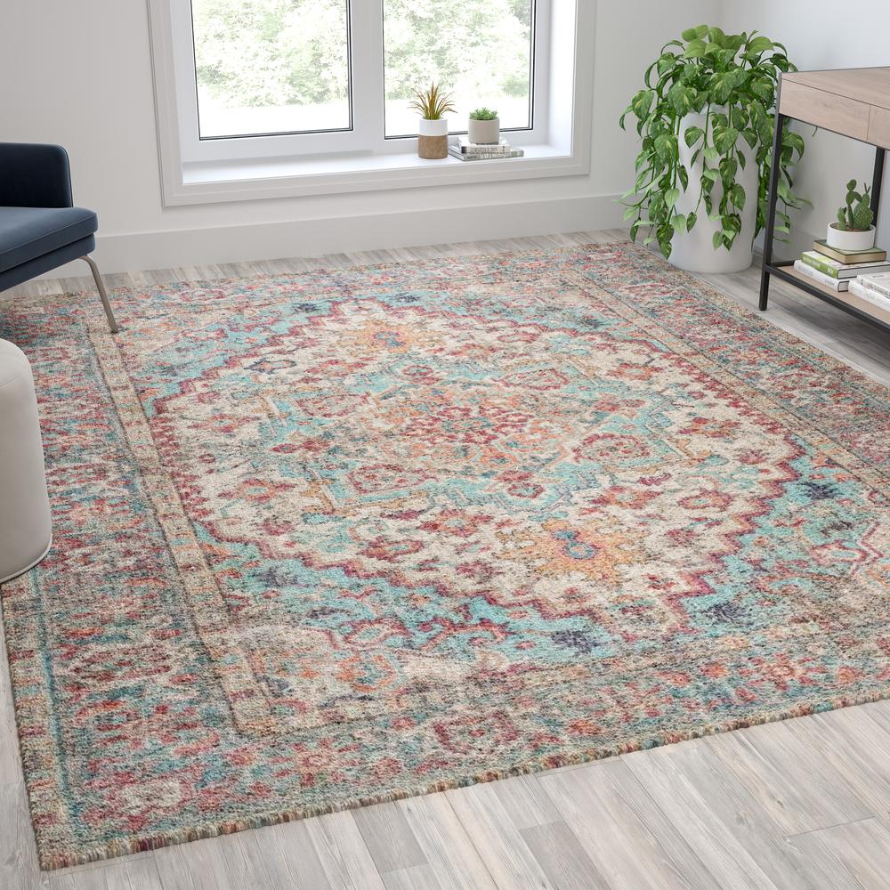 Distressed Vintage Medallion Area Rug - 8' x 10' - Blue Multi Polyester. Picture 1