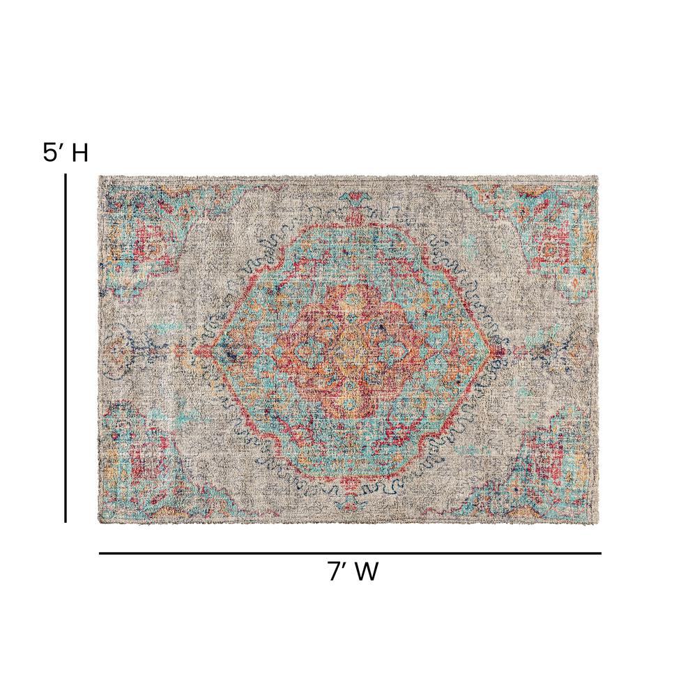 Distressed Medallion Area Rug - 5' x 7' - Gray Multi Polyester. Picture 4