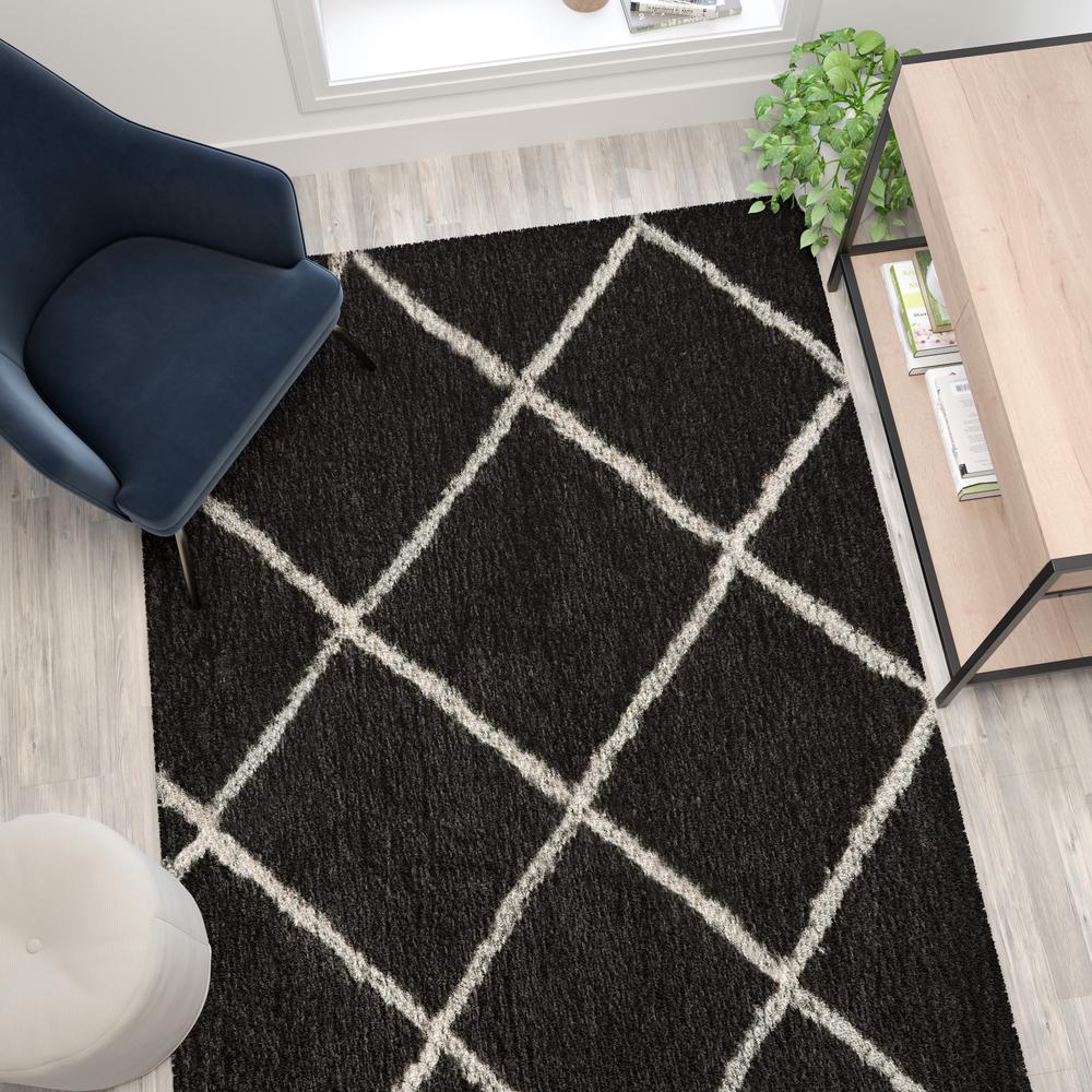 Shag Style Diamond Trellis Area Rug - 5' x 7' - Charcoal/Ivory Polyester (PET). Picture 5