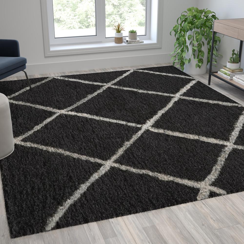 Shag Style Diamond Trellis Area Rug - 8' x 10' - Charcoal/Ivory Polyester (PET). Picture 1
