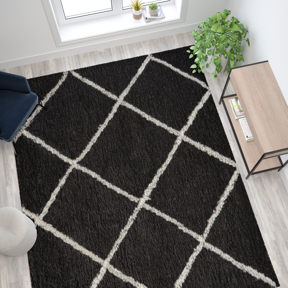 Shag Style Diamond Trellis Area Rug - 8' x 10' - Charcoal/Ivory Polyester (PET). Picture 5