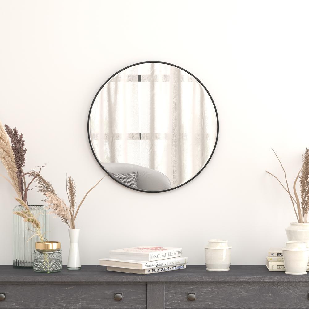 24" Round Black Metal Framed Wall Mirror. Picture 2
