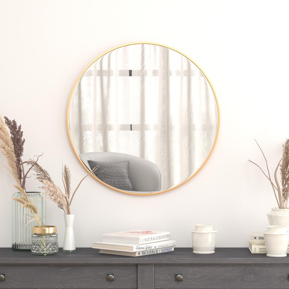 30" Round Gold Metal Framed Wall Mirror - Large Accent Mirror for Bathroom, Vanity, Entryway, Dining Room, & Living Room. Picture 2
