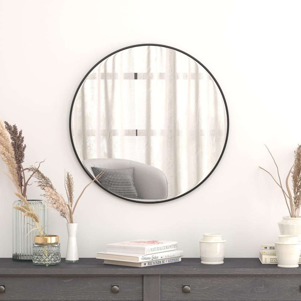 30" Round Black Metal Framed Wall Mirror. Picture 2