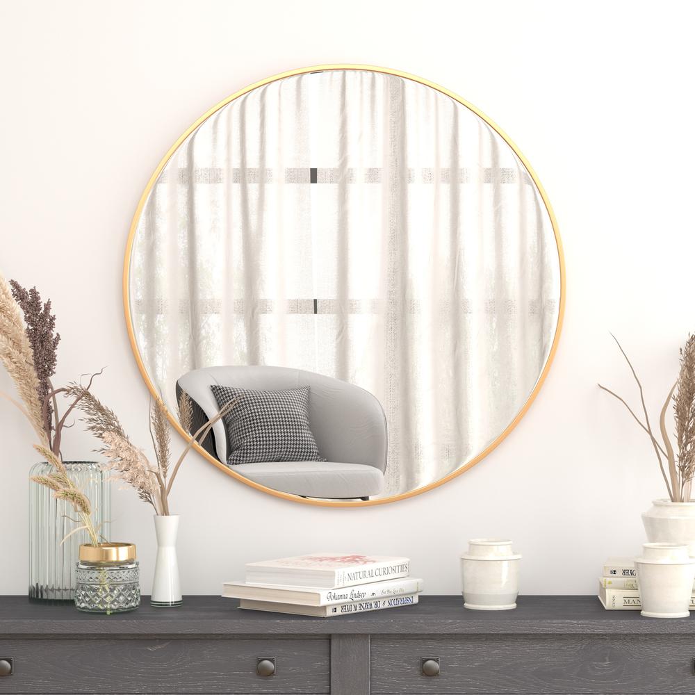 36" Round Gold Metal Framed Wall Mirror. Picture 2