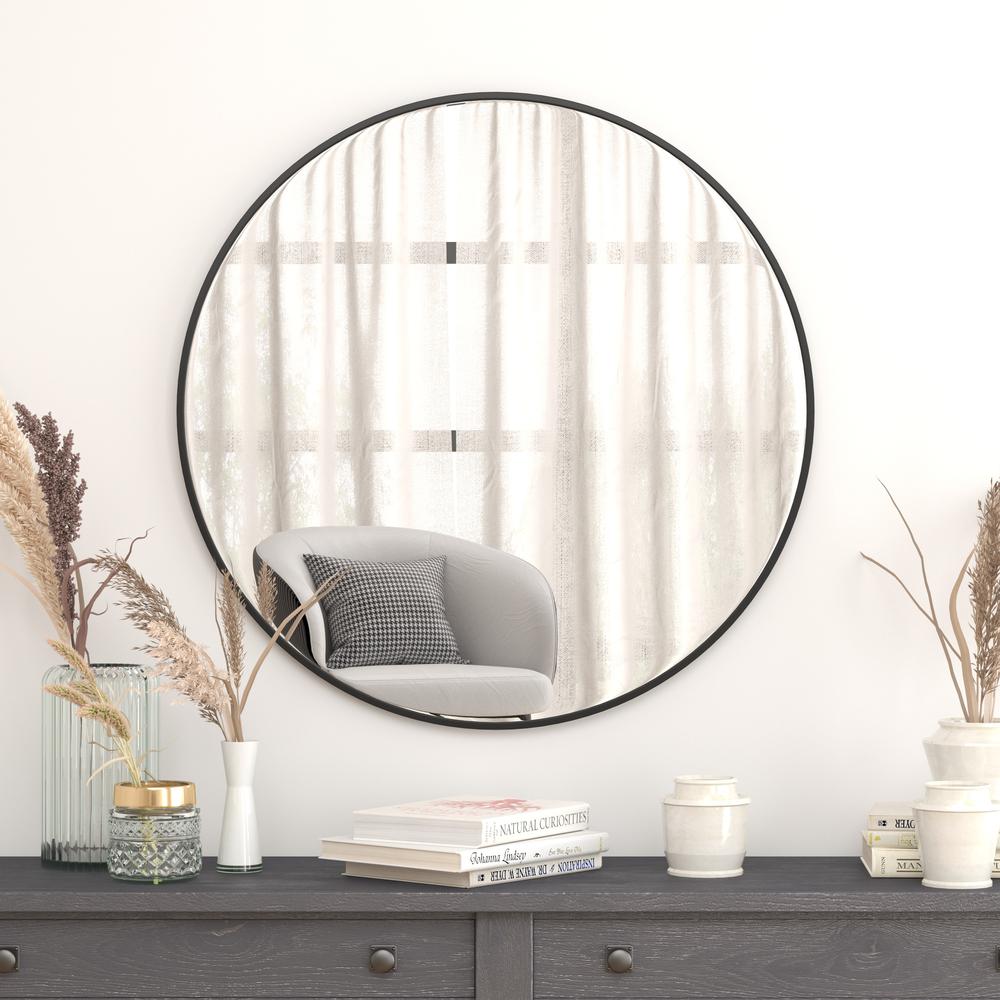 36" Round Black Metal Framed Wall Mirror. Picture 2