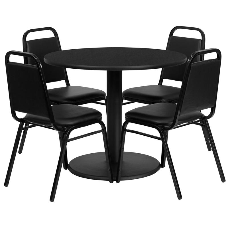 36'' Round Black Laminate Table Set with Round Base and 4 Black Trapezoidal Back Banquet Chairs. Picture 1