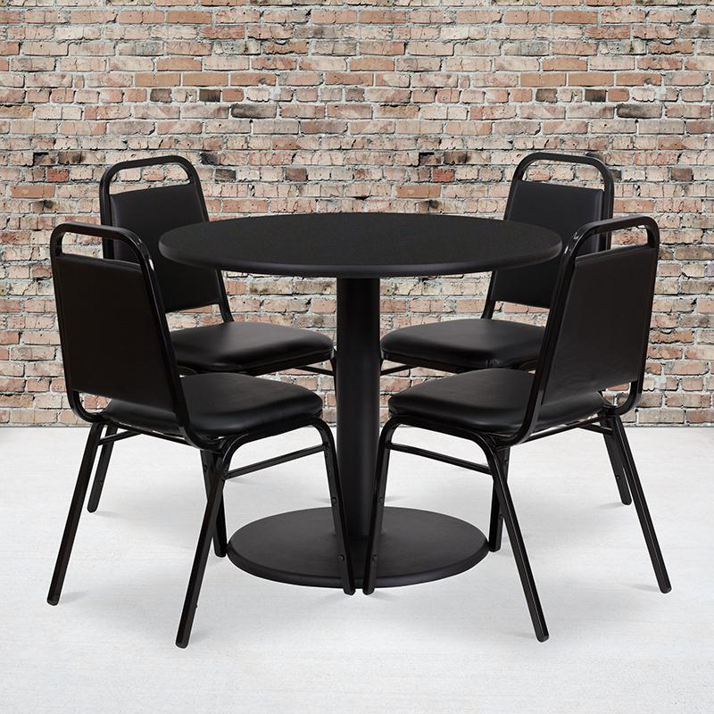 36'' Round Black Laminate Table Set with Round Base and 4 Black Trapezoidal Back Banquet Chairs. Picture 2