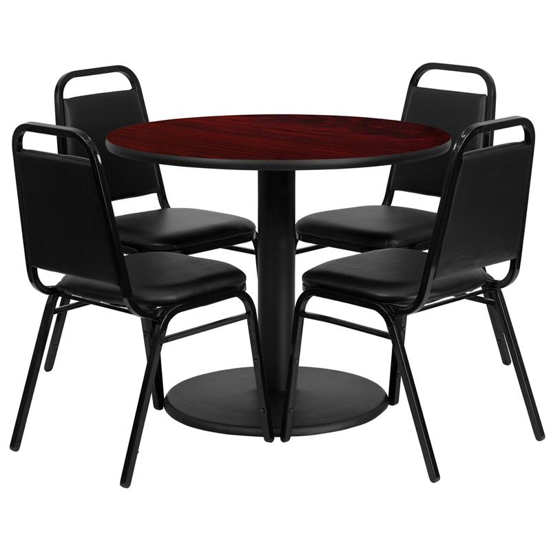 36'' Mahogany Table Set with Base and 4 Black Trapezoidal Back Banquet Chairs. Picture 2