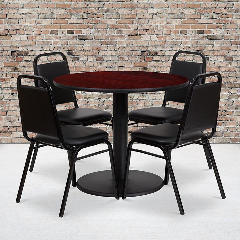 36'' Round Mahogany Laminate Table Set with Round Base and 4 Black Trapezoidal Back Banquet Chairs. Picture 2