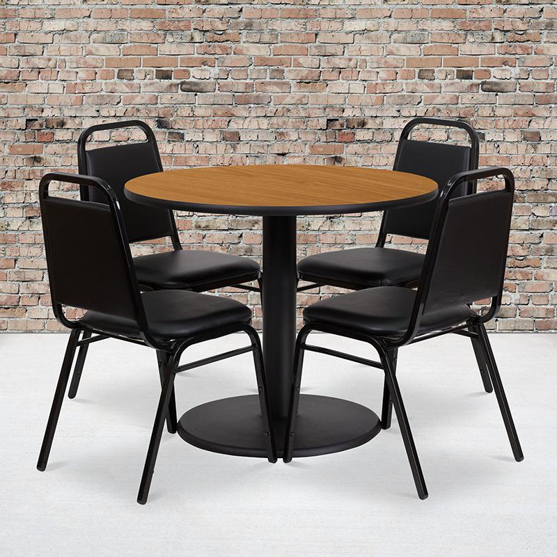 36'' Round Natural Laminate Table Set with Round Base and 4 Black Trapezoidal Back Banquet Chairs. Picture 2