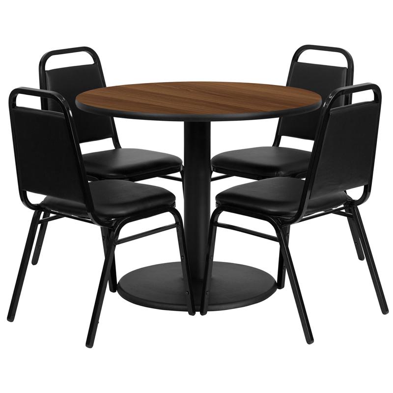 36'' Walnut Table Set with Base and 4 Black Trapezoidal Back Banquet Chairs. Picture 2
