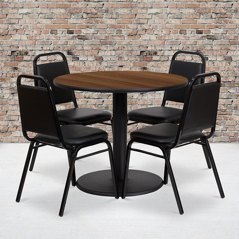 36'' Round Walnut Laminate Table Set with Round Base and 4 Black Trapezoidal Back Banquet Chairs. Picture 2