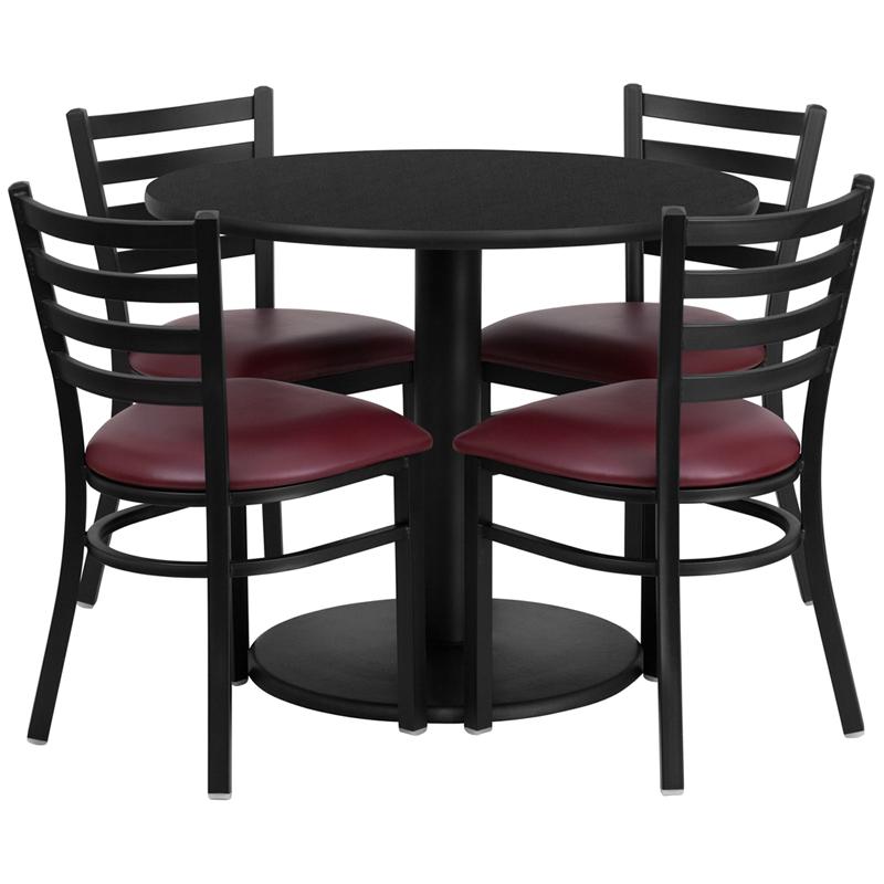 36'' Black Table Set with Base and 4 Metal Chairs - Burgundy Vinyl Seat. Picture 2