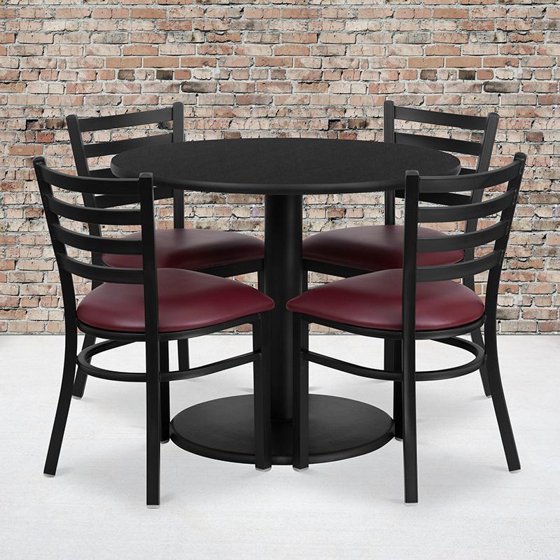 36'' Black Table Set with Base and 4 Metal Chairs - Burgundy Vinyl Seat. Picture 1