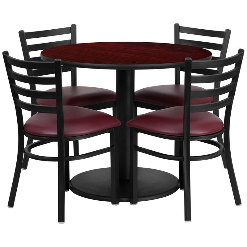 36'' Round Mahogany Laminate Table Set with Round Base and 4 Ladder Back Metal Chairs - Burgundy Vinyl Seat. Picture 1