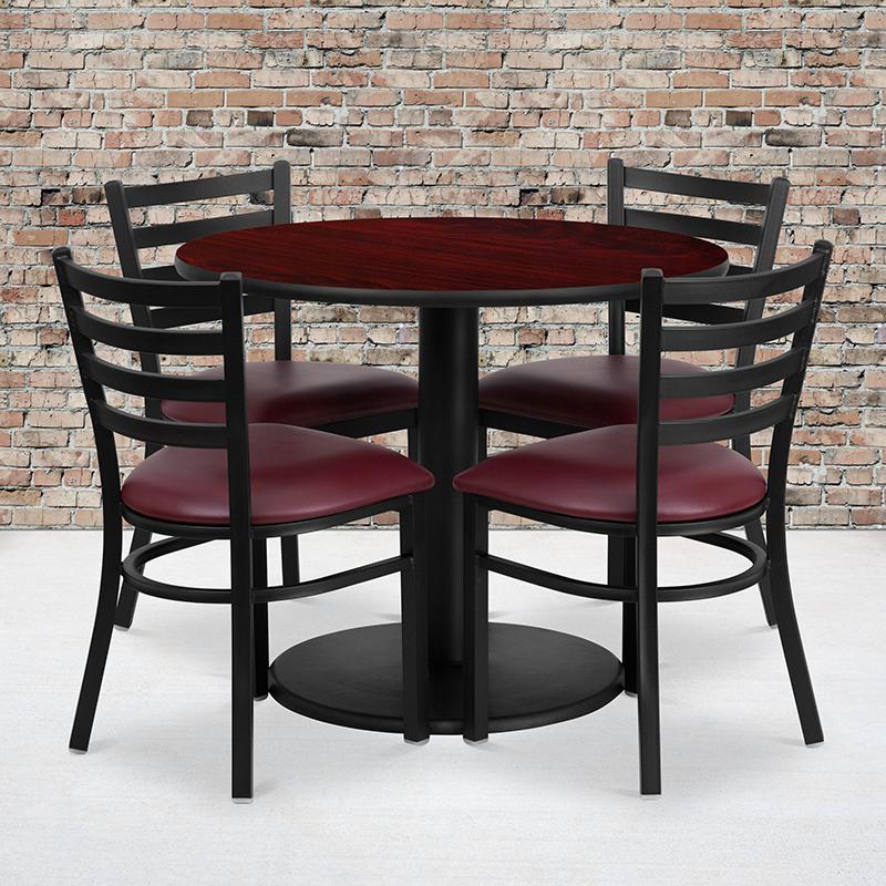 36'' Mahogany Table Set with Base and 4 Metal Chairs - Burgundy Vinyl Seat. Picture 1
