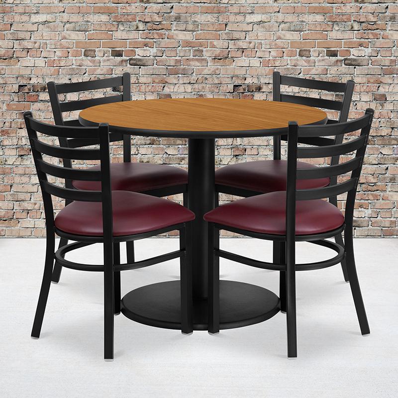 36'' Natural Table Set with Base and 4 Metal Chairs - Burgundy Vinyl Seat. Picture 1
