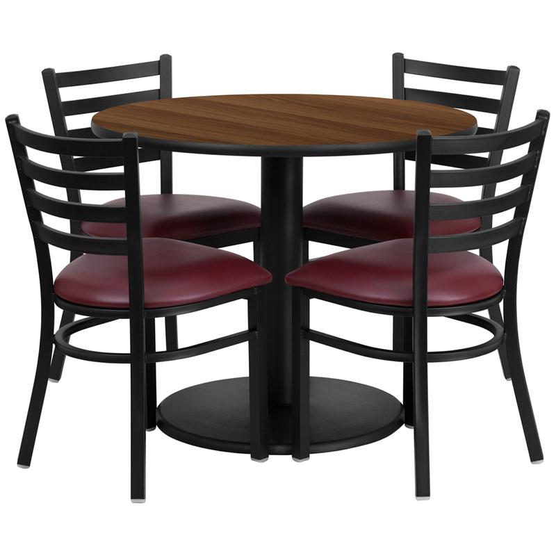 36'' Round Walnut Laminate Table Set with Round Base and 4 Ladder Back Metal Chairs - Burgundy Vinyl Seat. Picture 1