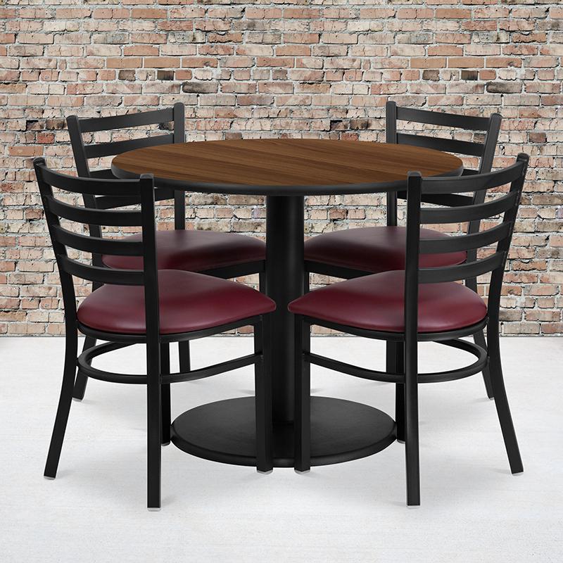 36'' Walnut Table Set with Base and 4 Metal Chairs - Burgundy Vinyl Seat. Picture 1