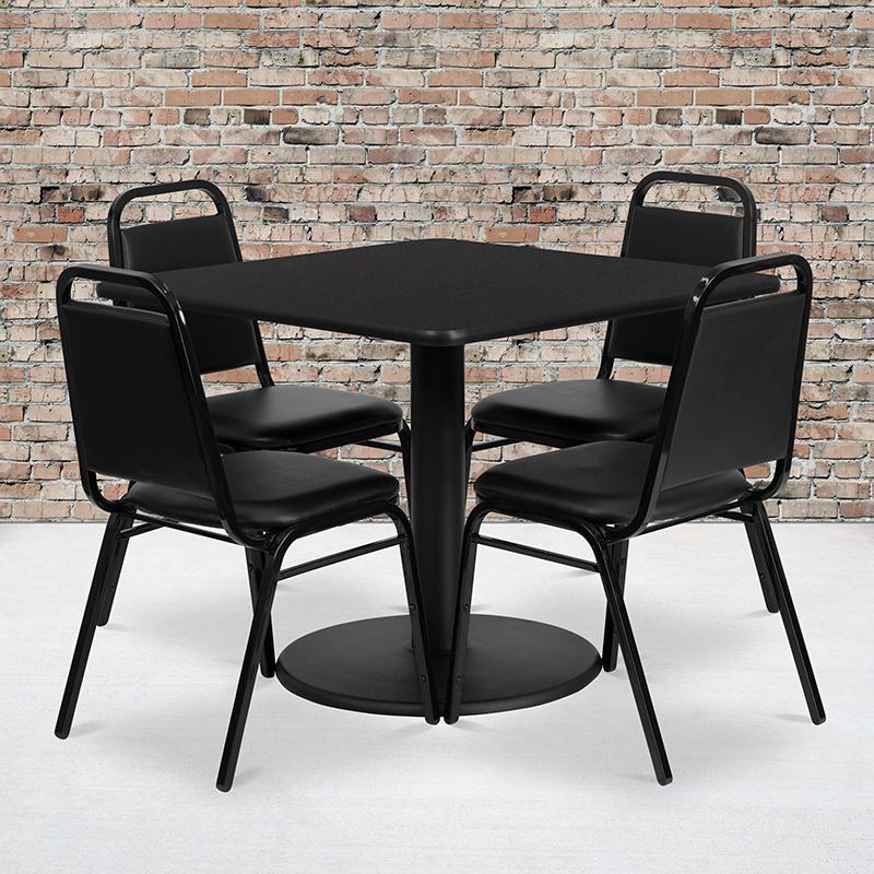 36'' Square Black Laminate Table Set with Round Base and 4 Black Trapezoidal Back Banquet Chairs. Picture 2