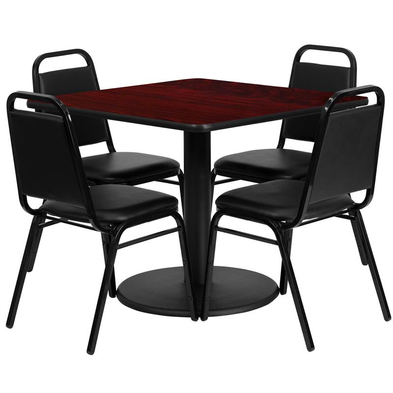 36'' Square Mahogany Laminate Table Set with Round Base and 4 Black Trapezoidal Back Banquet Chairs. The main picture.