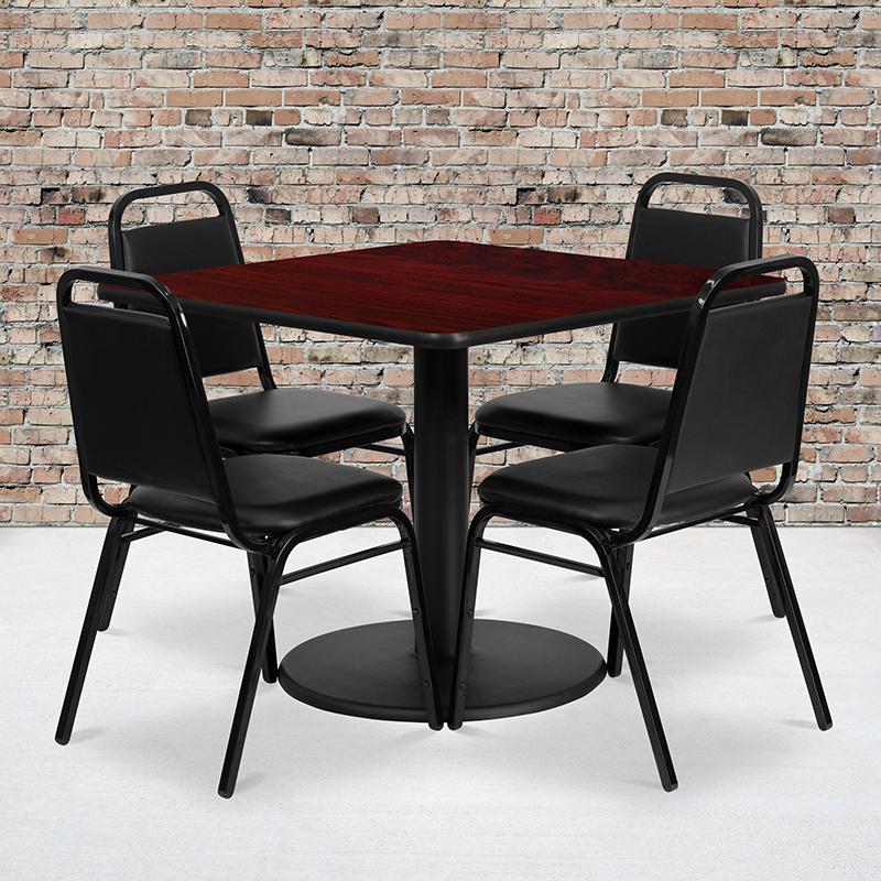 36'' Square Mahogany Laminate Table Set with Round Base and 4 Black Trapezoidal Back Banquet Chairs. Picture 2