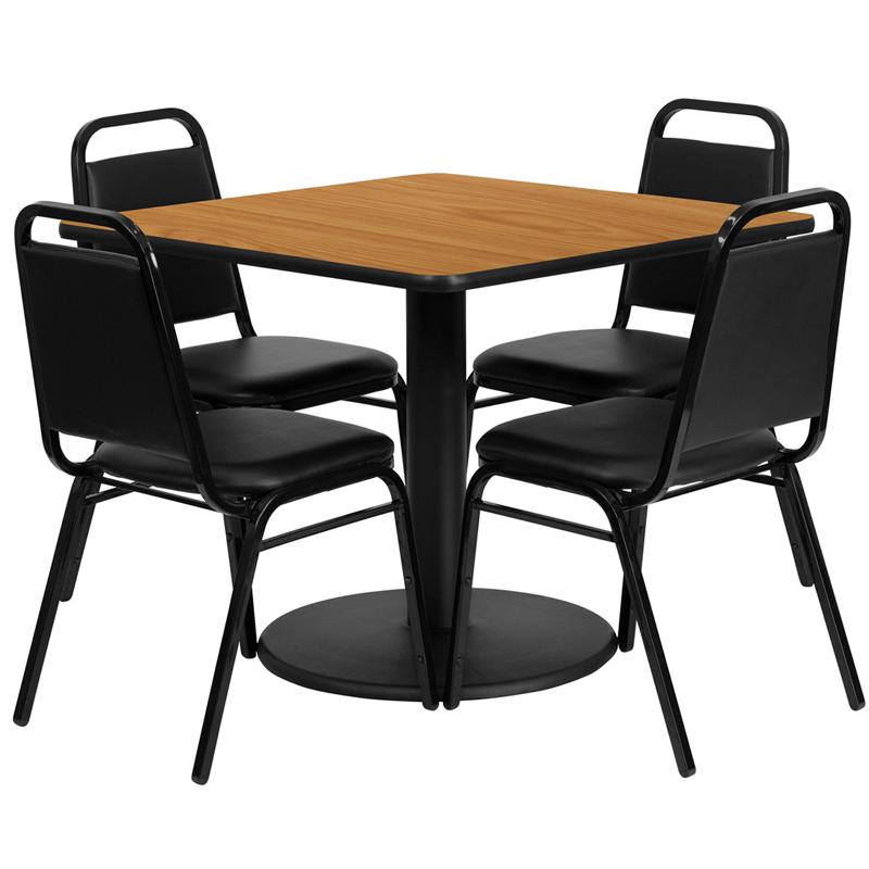 36'' Square Natural Laminate Table Set with Round Base and 4 Black Trapezoidal Back Banquet Chairs. Picture 1