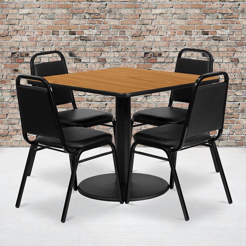 36'' Square Natural Laminate Table Set with Round Base and 4 Black Trapezoidal Back Banquet Chairs. Picture 2
