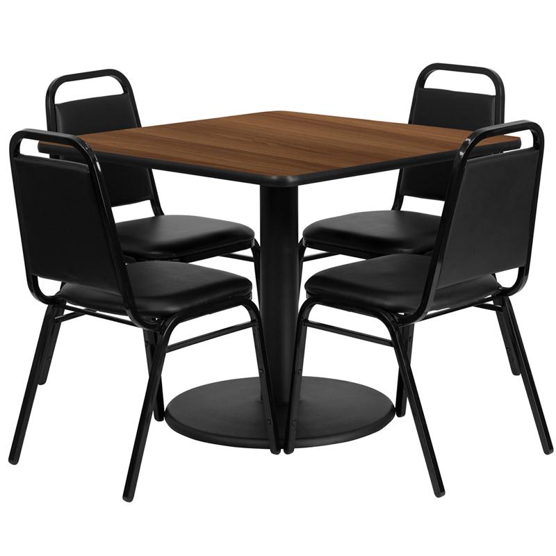 36'' Square Walnut Laminate Table Set with Round Base and 4 Black Trapezoidal Back Banquet Chairs. Picture 2