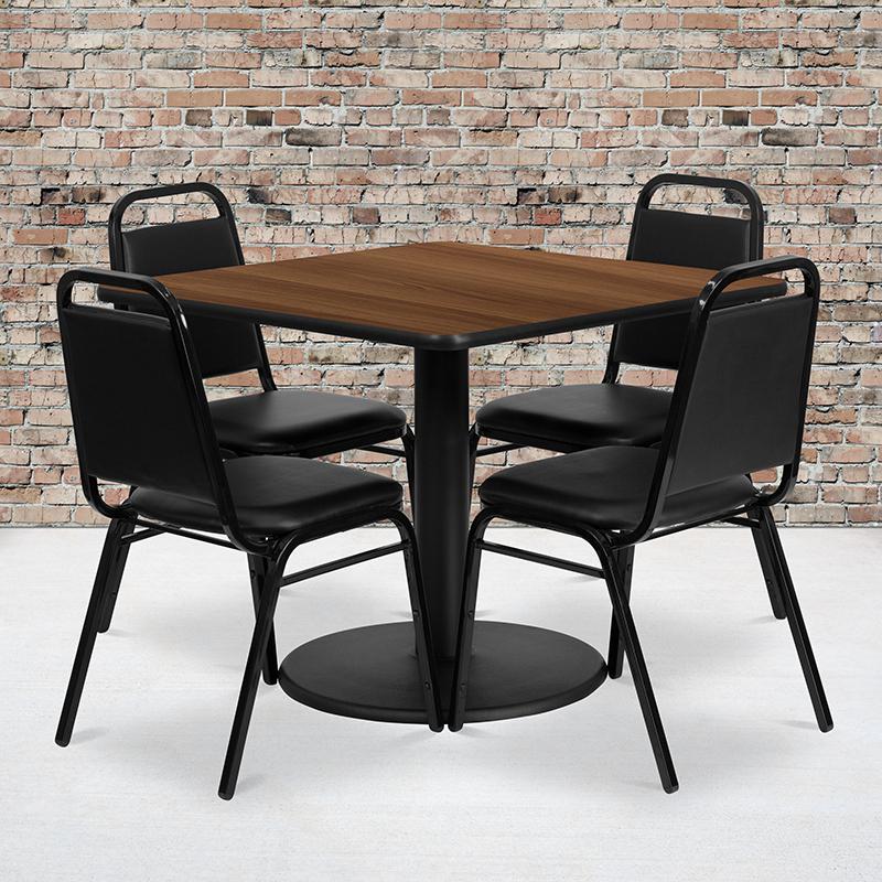 36'' Square Walnut Laminate Table Set with Round Base and 4 Black Trapezoidal Back Banquet Chairs. The main picture.